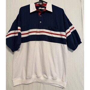 Ash Creek Men’s Blue White Red Striped Polo Shirt XL Short Sleeve Pocket